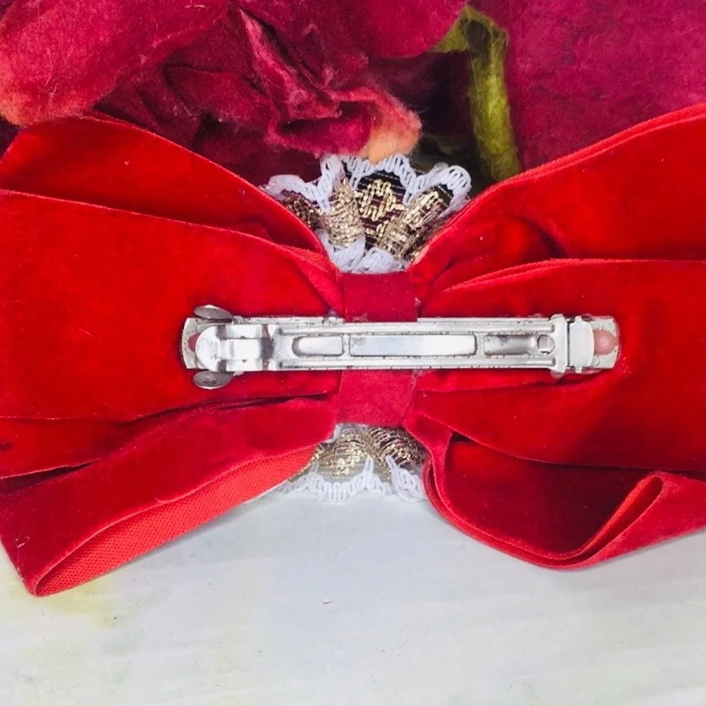 Vintage 80s Red Rosette Velvet Bow